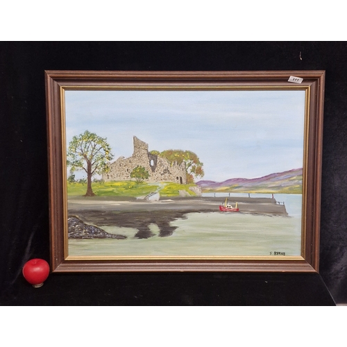 111 - A large oil on board painting. Features a coastal landscape with a ruined castle and boats. In layer... 