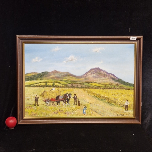 112 - A large oil on board painting. Features a wheat field with horse carriage and figures. Rendered in w... 
