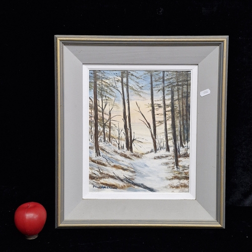 114 - A 'Prue Anderson' oil on board painting. Features a winter landscape with withered trees and soft su... 