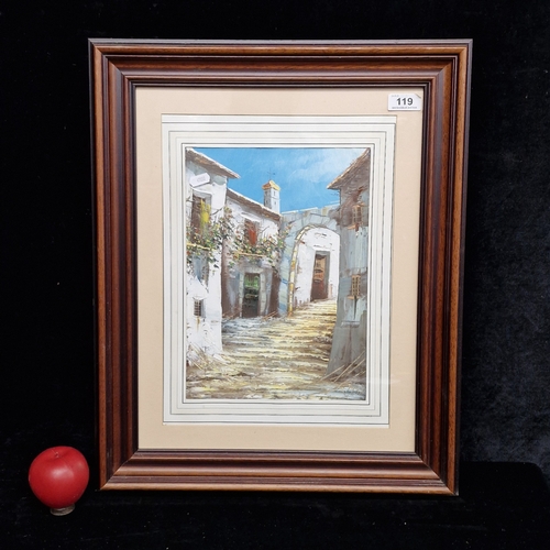 119 - An oil on canvas painting. Features a Mediterranean rural village scene. Rendered in palette knife a... 
