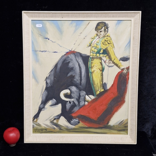 120 - An oil on board painting. Features a Spanish bull fighting scene. Rendered in expressive and gestura... 