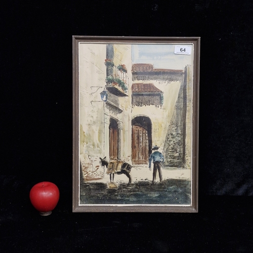 64 - A watercolour and ink on paper painting. Features a Spanish street scene with a donkey in a sunlit c... 