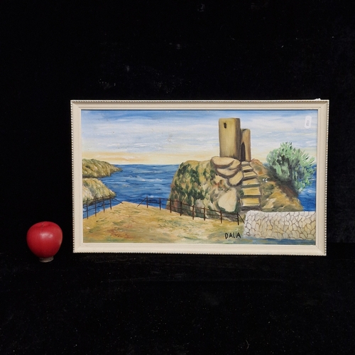 66 - An expressive oil on board painting. Features a coastal landscape with a tower on a cliff. Rendered ... 