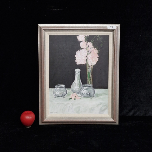 71 - A 1997 'Eileen Murphy' acrylic on board painting. Features a botanical study of flowers in a vase. R... 
