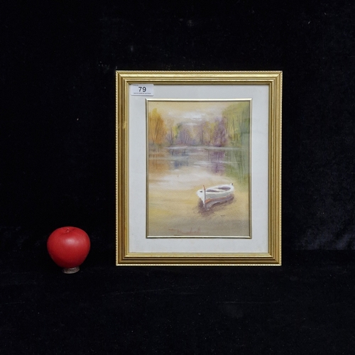79 - A calm watercolour on paper painting. Features a boat on a calm misty lake. Rendered in a warm and a... 
