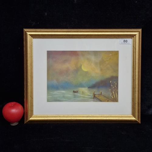 80 - A wonderful chalk pastel on paper painting / drawing. Features a serene lake scene with a boat and a... 