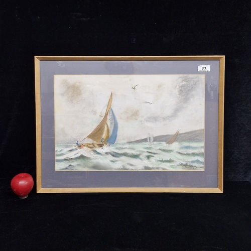 83 - A chalk pastel on paper drawing / painting. Features a coastal scenes with figures on a sailing boat... 