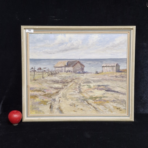 86 - A sweet oil on board painting. Features a coastal scene with fishermen's villages. Rendered in an im... 