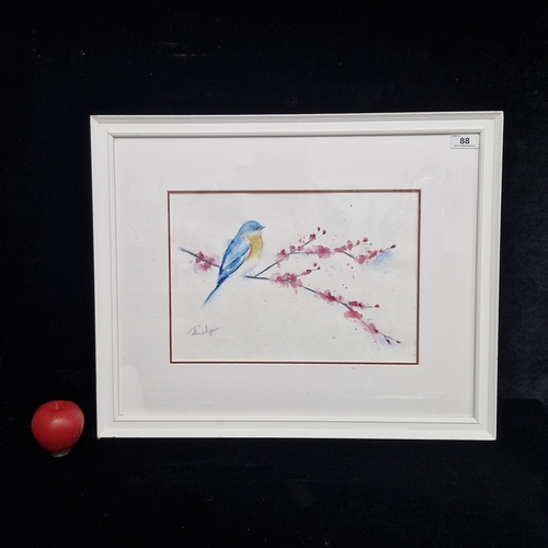 88 - A lovely watercolour on paper painting. Features a bird perched on a cherry blossom tree. Rendered i... 