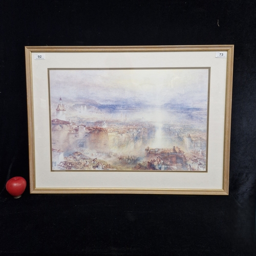 92 - A print titled 'Zurich' after 'J MW Turner'. Housed in a wooden frame behind glass.