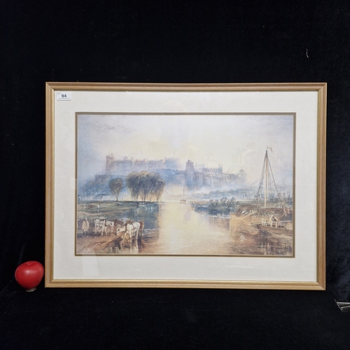 94 - A print titled 'Windsor Castle, Berkshire' after 'J M W Turner'. Housed in a wooden gilt frame behin... 