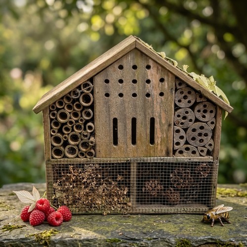 Rustic timber insect hotel of house form, fitted with drilled apertures ...