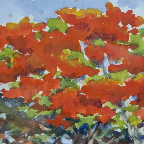 104 - Star Lot: A 1956 watercolour on paper painting. Features Hawthorn trees by a coastal side with figur... 