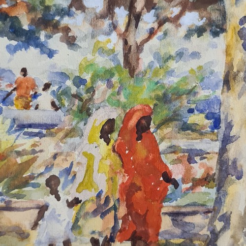 104 - Star Lot: A 1956 watercolour on paper painting. Features Hawthorn trees by a coastal side with figur... 