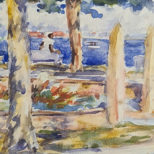 104 - Star Lot: A 1956 watercolour on paper painting. Features Hawthorn trees by a coastal side with figur... 