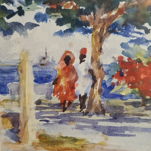 104 - Star Lot: A 1956 watercolour on paper painting. Features Hawthorn trees by a coastal side with figur... 