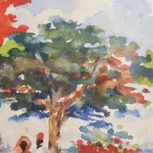 104 - Star Lot: A 1956 watercolour on paper painting. Features Hawthorn trees by a coastal side with figur... 