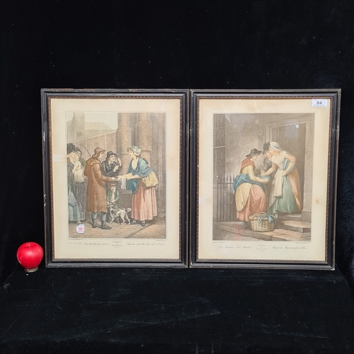 Two vintage mezzotint prints after original paintings by 'F Wheatley R.A' from the 'Cries of London' titled 'New Mackrel, New Mackrel' and 'A new love song only ha'penny a piece'. Housed in matching black and gilt wooden frames behind glass.