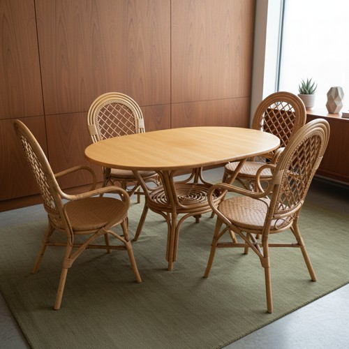 Star Lot : A nice beech wood round dining table with rattan base, with ...