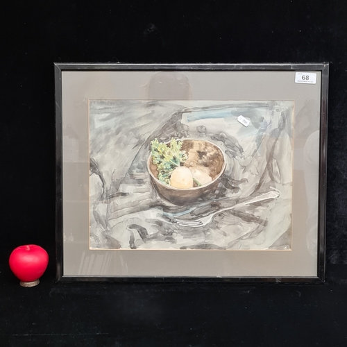 A watercolour and ink on paper painting. Features a still life study of meal with some parsley and cutlery on plate. Rendered in warm browns, golden ochres, soft greens, and muted greys balanced with subtle washes and delicate tonal variation. Initialed. Housed in a black frame behind glass.