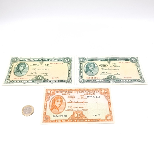 Two uncirculated Lady Lavery One pound notes. Note numbers 60J489297 dated 8. 7. 71 and 36K313965 dated 17.5.74. Lot also includes a Lady Lavery 10 Shilling note number 89P472838 dated 6.6.68.