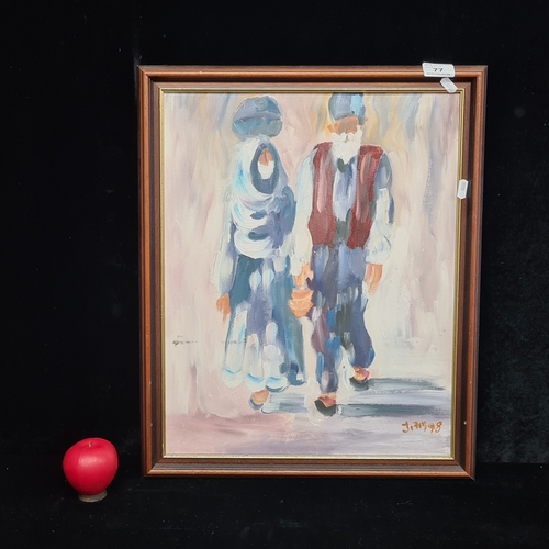 A 1998 oil on landscape painting. Features two figures walking. In fluid loose brushstrokes. Portrays a soft colour palette.  Rendered in fluid loose brushstrokes and layered applications of paint to capture the figures and their surroundings with vitality and spontaneity. Initialed 'JAM' and dated. Housed in a wooden gilt frame.

Previous in auction on T300726  - 02/08/2026 with Lot no.77

Previous in auction on T060826  - 09/08/2026 with Lot no.1161
