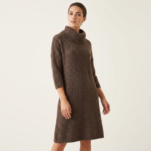 irish knit sweater dress Inis Meáin, Ireland; a brown wool sweater-dress of straight, elongated silhouette, with chunky Red sweater