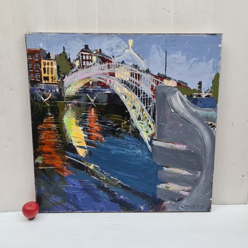 Super Star Lot: A large Tom Byrne (b. 1962)' acrylic and varnish on canvas painting titled 'Ha'Penny Bridge'. Byrne employs a dramatic and emotive colour palette with a striking palette of rich greens, vibrant oranges, soft lilacs, crisp whites and earthy browns Rendered in layered, gestural strokes giving movement and vitality. Signed. Titled with 'Apollo Gallery' label to verso.
Byrne has a very strong auction history with works fetching upwards of €3000 at Whyte's.
MM: 80 x 82 cm

Tom Byrne was born in Dublin in 1962. He studied at Dun Laoghaire College of Art and Design, where he trained in the Bauhaus tradition, a revolutionary 20th century school of artistic training which integrated craftsmanship, art and technology. Byrne describes, "religion, politics and celebrity all play equally important roles in my work". His strong interest in current affairs along with his punk mentality merges to create an artist who is in tune with the world around him. Informed by spirituality and popular culture alike, the artist thinks of himself as a contemporary artist first and foremost, selecting beauty from everyday experience and channeling it into painterly abstractions.