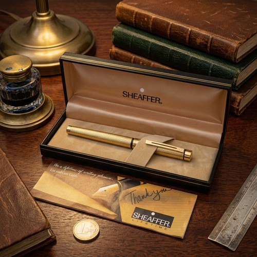 54 - A Sheaffer USA fountain pen with gold metal machine cut detailing. Comes with explanatory booklet.