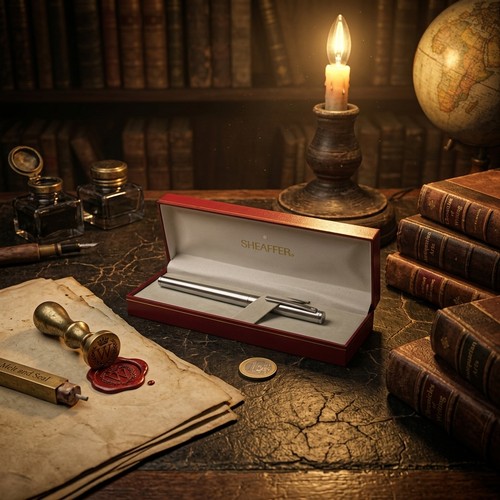 55 - A Sheaffer fountain pen with brushed chrome body. In original box.