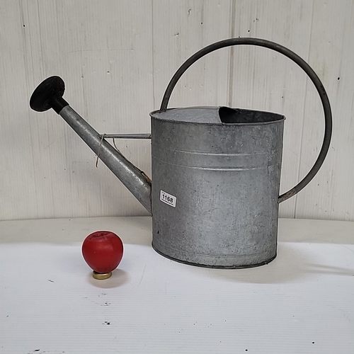 Galvanised metal watering can with a cylindrical body, arched carrying ...