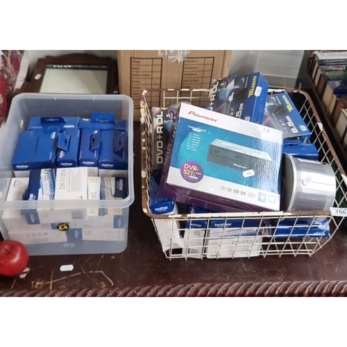 A group of Brother DK printer labels, a boxed Pioneer DVR-S21L optical ...