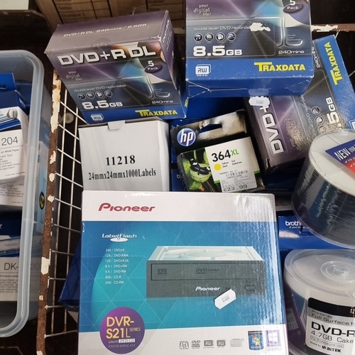 A group of Brother DK printer labels, a boxed Pioneer DVR-S21L optical ...
