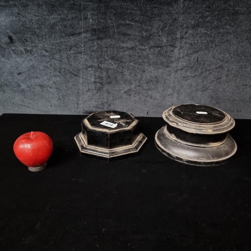 Two antique wooden display bases including a hexagonal example with ...