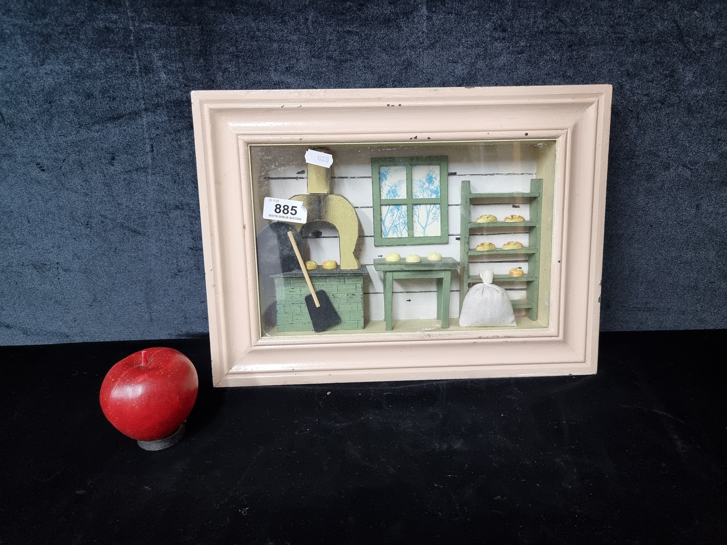 A charming 3D wooden shadow box diorama style depicting an old-time ...