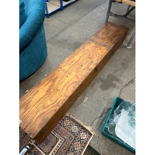 114 - Very large vintage pine equipment case with fastening hinged lid, 29cm high, 197 x 36cm