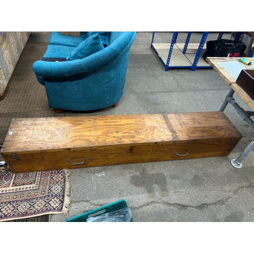 114 - Very large vintage pine equipment case with fastening hinged lid, 29cm high, 197 x 36cm