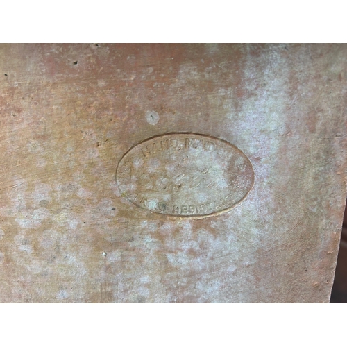 9 - Good large pair of weathered terracotta garden planters of squared form, with maker's stamps, 42cm h... 