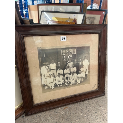 35 - Framed antique print, college cricketing print with cup, ‘Norman Taylor, Oxford’ another family port... 