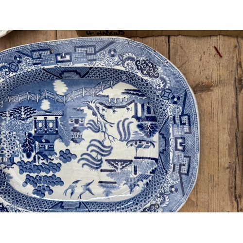 51 - Group antique blue and white transfer-printed plates to include Staffordshire Ironstone meat plate, ... 