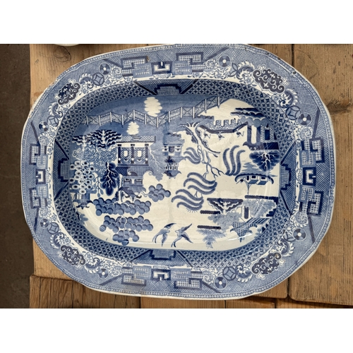 51 - Group antique blue and white transfer-printed plates to include Staffordshire Ironstone meat plate, ... 