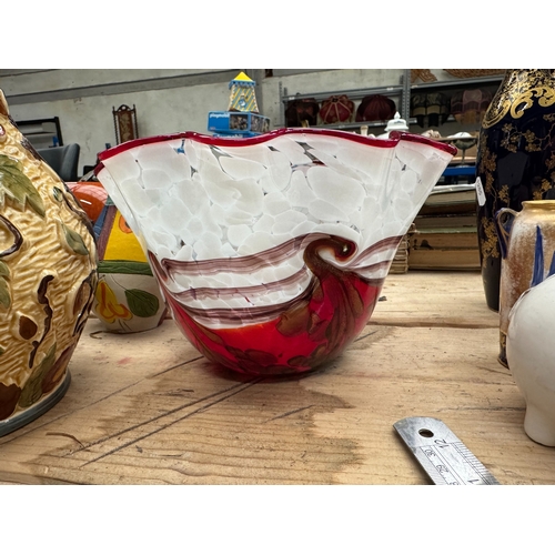 56 - Mixed decoration lot to include mottled art glass bowl, oversized graduating ceramic apples, etc