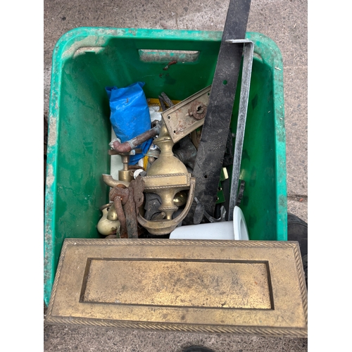 59 - Old domed trunk containing a collection hand tools, brass door knockers, door furniture etc