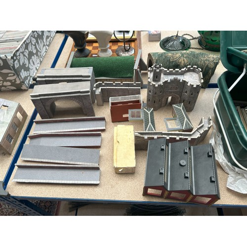 20 - Group folded card and cut plywood model railway buildings, bridge, etc