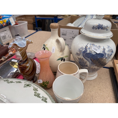 65 - Mixed decorative ceramics to include cabinet cup and saucer, glass, spirit flasks etc