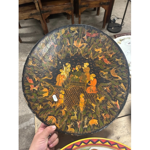 62 - Large Indian lacquer charger, 39cm diameter, large ‘Santiago Clay Art’ charger, 41cm diameter and an... 