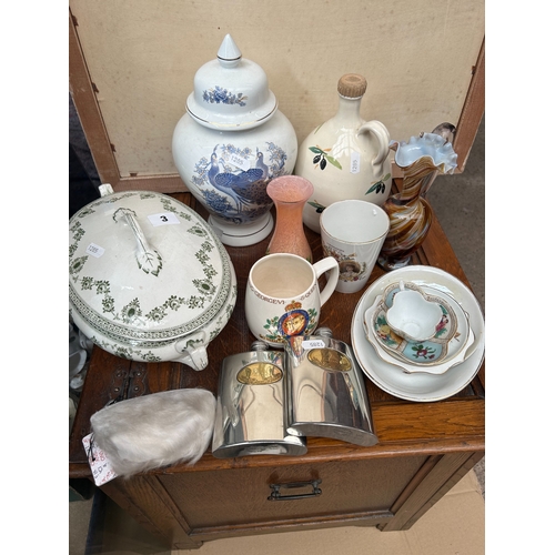 3 - Mixed decorative ceramics to include cabinet cup and saucer, glass, spirit flasks, etc
