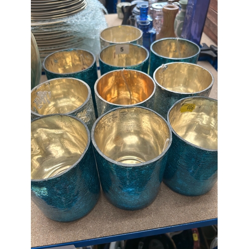 5 - Group of 10 crackle glass candle holders in blue and silvered glass, each 13cm high.
