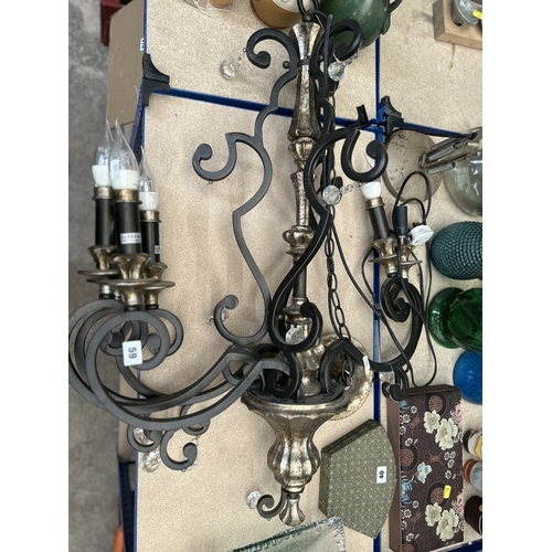 59 - Large and impressive good quality six-light ceiling chandelier with scrolled frame