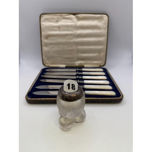 18 - Edward VII silver-capped ribbed match strike, 6.5cm high, together with a cased set of six side kniv... 